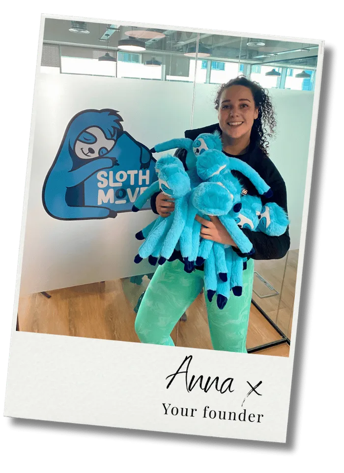 Polaroid of Anna holding an armful of blue toy sloths, signed Anna x, Your founder